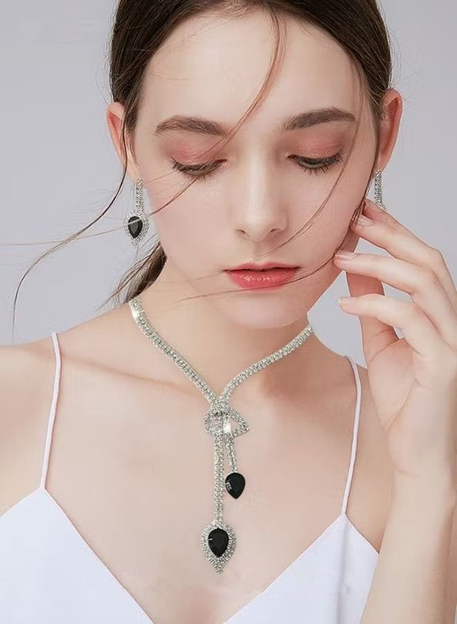NIBEMINENT Fashion Jewelry Sets Rhinestone Decor Drop Earrings and Necklace Simple Earring Set Chain Wedding Dress Dinner Party Accessories Silver/Black  - Image 1