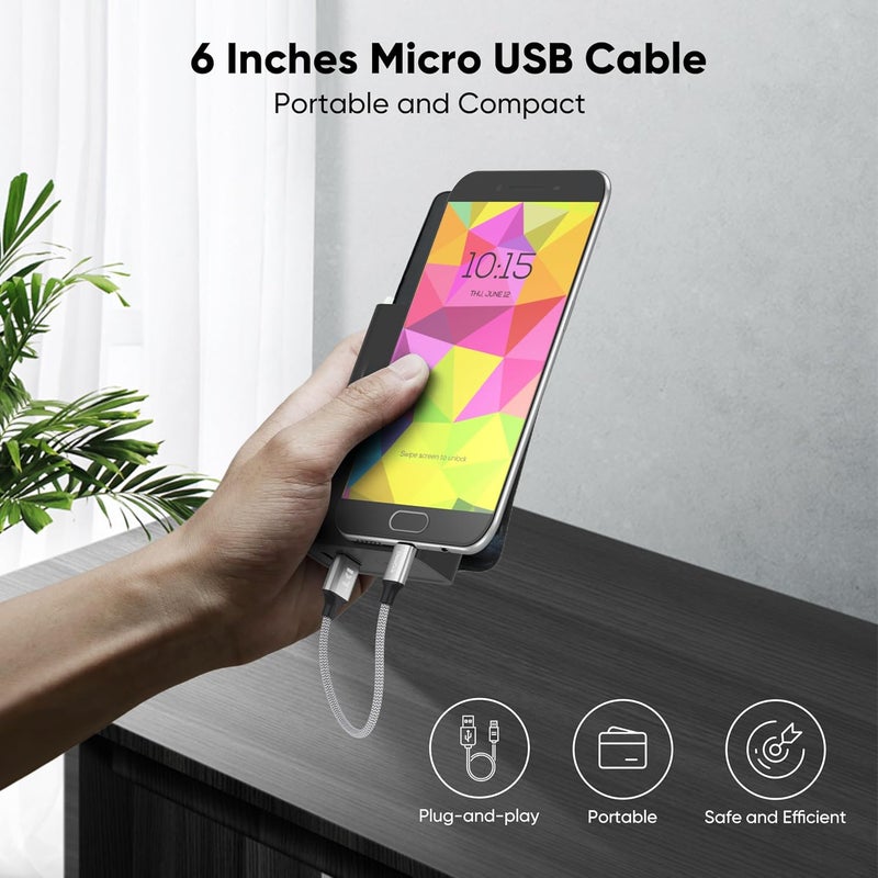 DteeDck Micro USB Cable 6 inch Short, 15W Fast Charging & 480Mbps Data Transfer, Durable Nylon Braided Charge Silver Cord for Old Android Phone, Kindle, Fire TV Stick, PS4, Raspberry Pi, etc. - Image 2