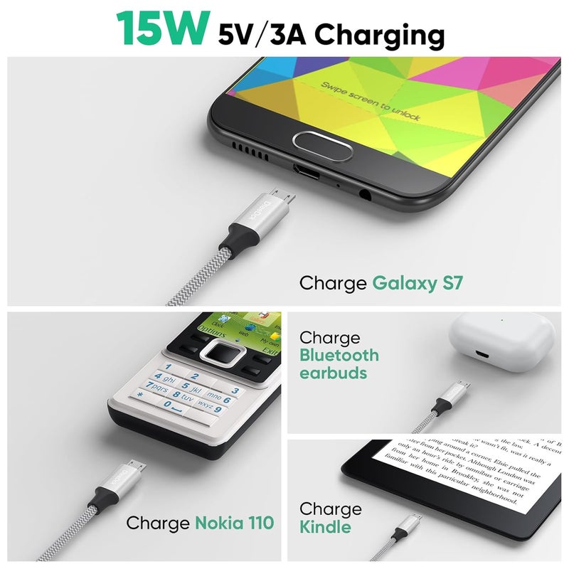 DteeDck Micro USB Cable 6 inch Short, 15W Fast Charging & 480Mbps Data Transfer, Durable Nylon Braided Charge Silver Cord for Old Android Phone, Kindle, Fire TV Stick, PS4, Raspberry Pi, etc. - Image 3