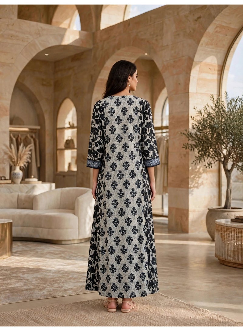 IKKXA Elegant Printed Long Sleeve Maxi Jalabiya with Yoke Detail IK10002Black - Image 5