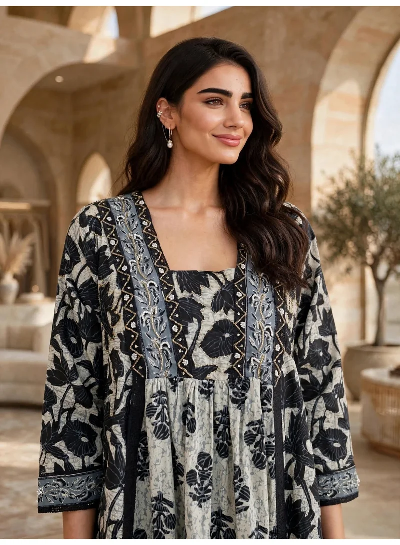 Ikkxa IKKXA Elegant Printed Long Sleeve Maxi Jalabiya with Yoke Detail IK10002Black