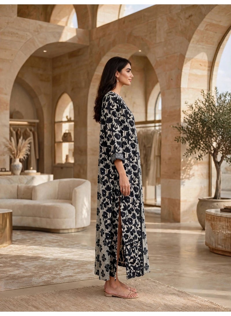 IKKXA Elegant Printed Long Sleeve Maxi Jalabiya with Yoke Detail IK10002Black - Image 3