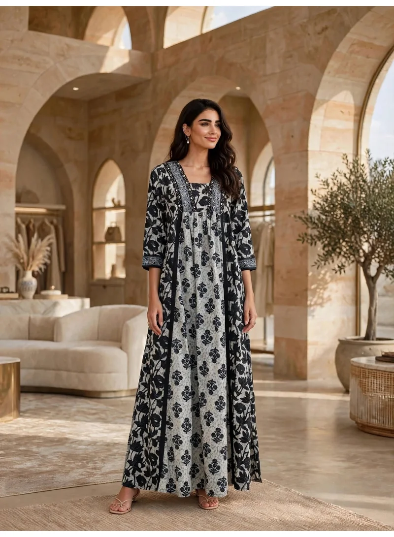 Ikkxa IKKXA Elegant Printed Long Sleeve Maxi Jalabiya with Yoke Detail IK10002Black