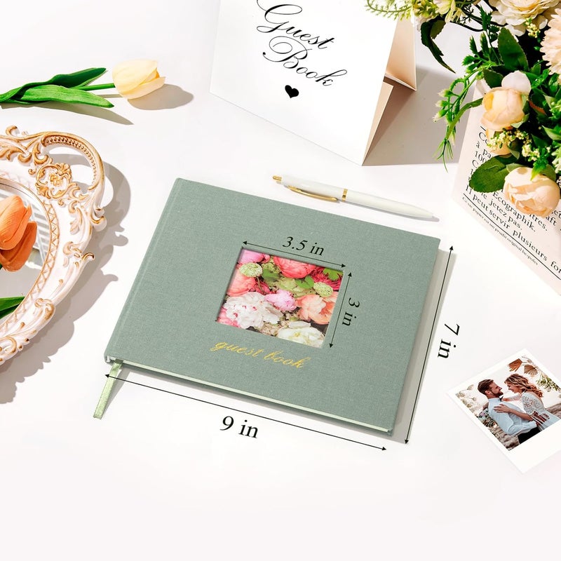 SUNEE Wedding Guest Book - Polaroid Guest Book Weddings Reception, Linen Cover 7" x 9" Guest Book for Baby Shower, Birthdays and Special Events, 100 Blank Pages for Wedding Sign in and Photos, Green - Image 2