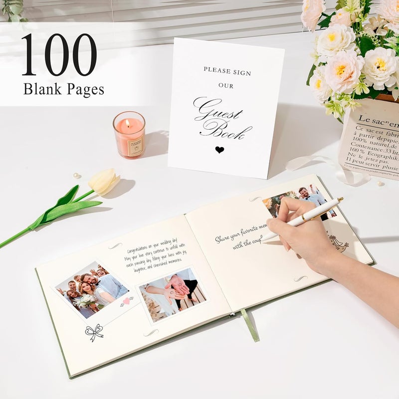 SUNEE Wedding Guest Book - Polaroid Guest Book Weddings Reception, Linen Cover 7" x 9" Guest Book for Baby Shower, Birthdays and Special Events, 100 Blank Pages for Wedding Sign in and Photos, Green - Image 3