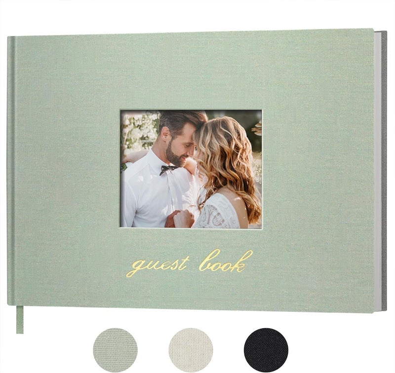 SUNEE Wedding Guest Book - Polaroid Guest Book Weddings Reception, Linen Cover 7" x 9" Guest Book for Baby Shower, Birthdays and Special Events, 100 Blank Pages for Wedding Sign in and Photos, Green - Image 1