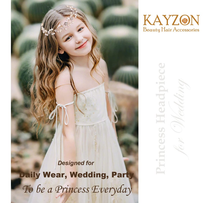 KAYZON Flower Girl Hair Accessory - Princess Headpiece with Pearl Headband for Kids, Bridal Wedding, and Women (Rose Gold) - Image 2