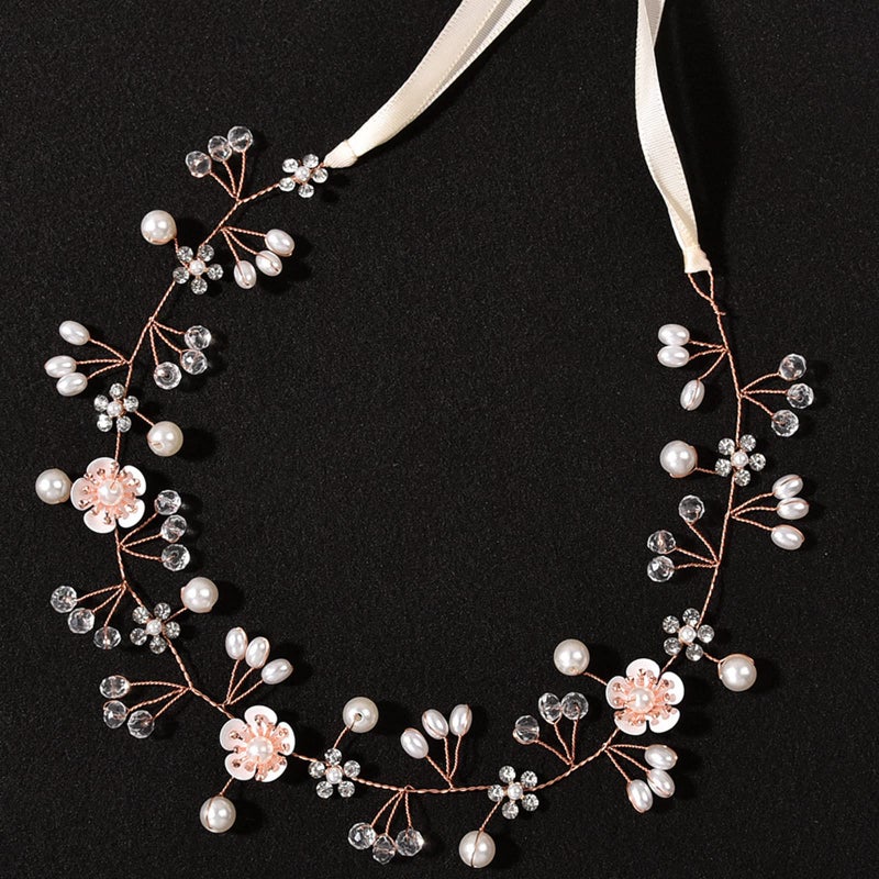 KAYZON Flower Girl Hair Accessory - Princess Headpiece with Pearl Headband for Kids, Bridal Wedding, and Women (Rose Gold) - Image 1