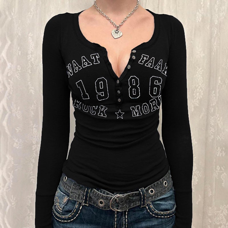 Yd309 Brand 2023 Autumn Street Style Trendy Knitted Pullover Button-Up U-Neck Slim-Fit Women'S T-Shirt - Image 4