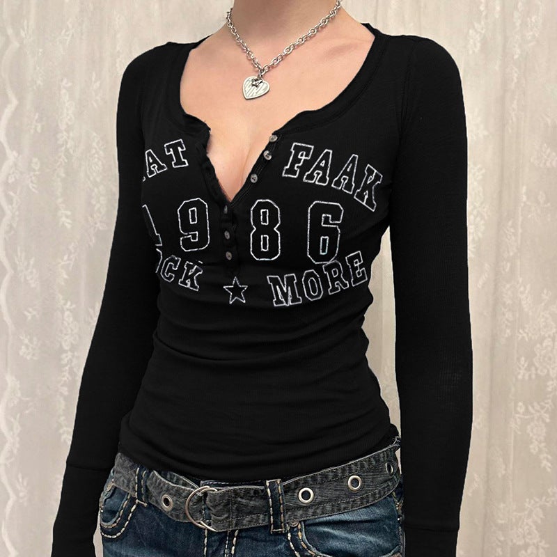 Yd309 Brand 2023 Autumn Street Style Trendy Knitted Pullover Button-Up U-Neck Slim-Fit Women'S T-Shirt - Image 5