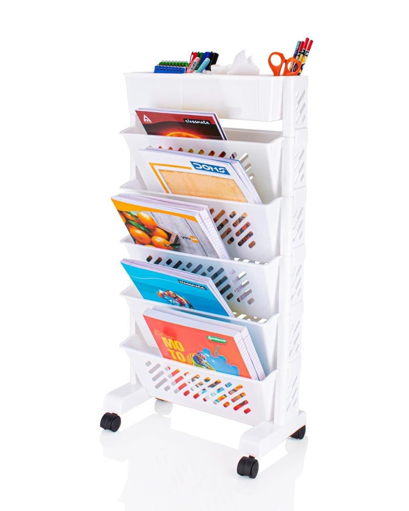 AVZEEGO Movable BookshelfLarge Capacity Rotatable Plastic Rolling Organization ShelfUtility Movable Book Rack for Kids Children Students Study in Bedroom Home School 5XL Floor Mount