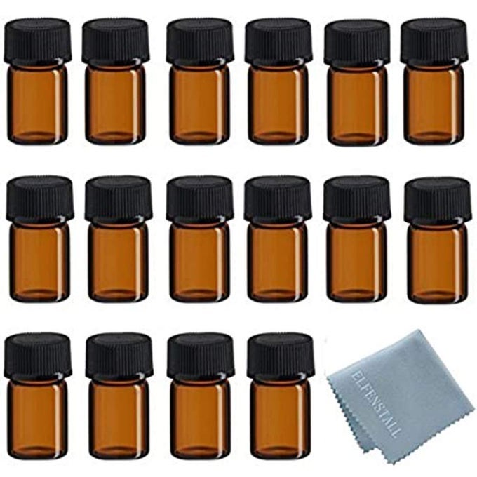 50PCS 2ML OIL BOTTLES FOR ESSENTIAL OILS (5/8 DRAM) AMBER GLASS VIALS BOTTLES, WITH ORIFICE REDUCERS AND BLACK CAPS