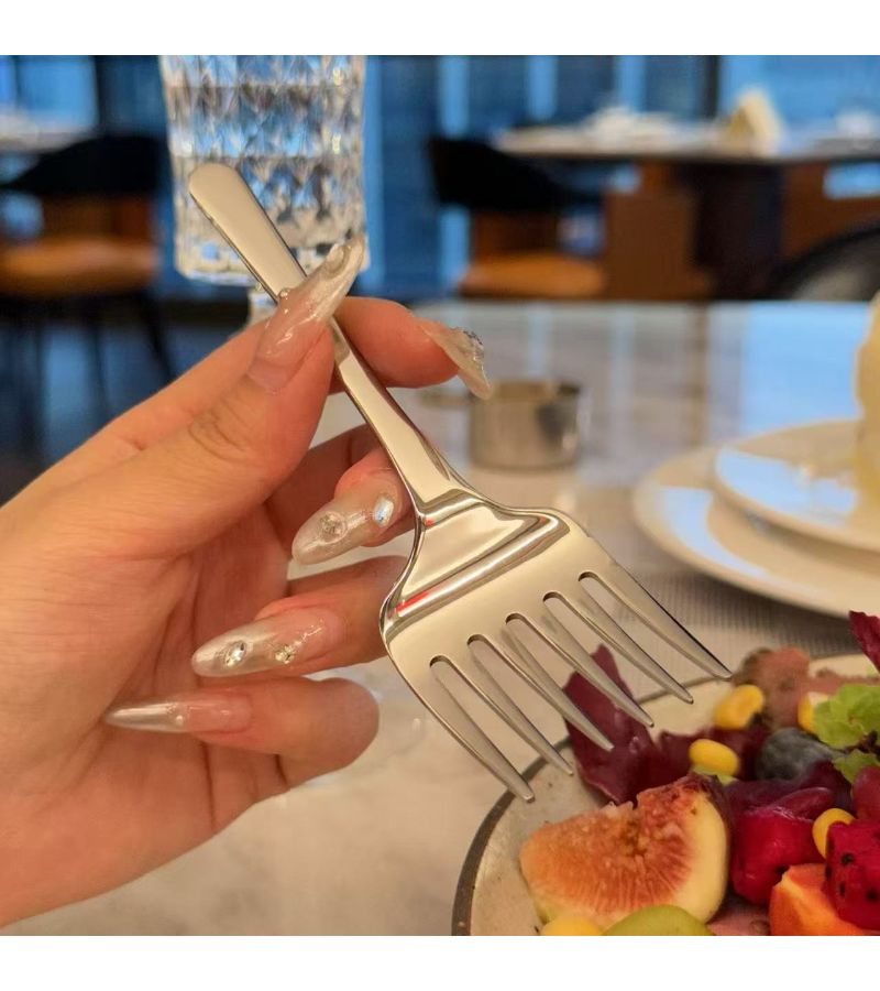 Multi Use Kitchen Fork 6 Tine Stainless Steel Flatware Frosted for Tossing Salad Serving Pasta Mirror Silvery - Image 4