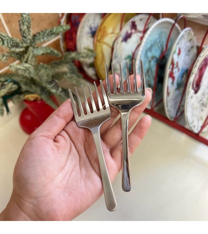 Multi Use Kitchen Fork 6 Tine Stainless Steel Flatware Frosted for Tossing Salad Serving Pasta Mirror Silvery - Image 1