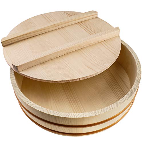 Kichgather Wooden Sushi Rice Bowl with Lid Hangiri Sushi Oke Sushi Rice Mixing Tub (13 “ with lid) - Image 1