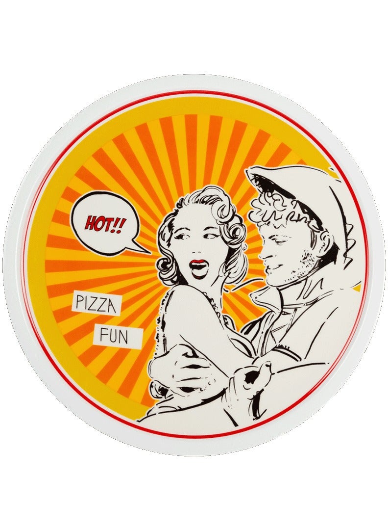 Baci milano Pizza Plate 33.5 cm – Porcelain – “Pizza Fun” Yellow Pop Art Design – Unique Comic Dinner Plate for Kitchen or Gift  - Image 1