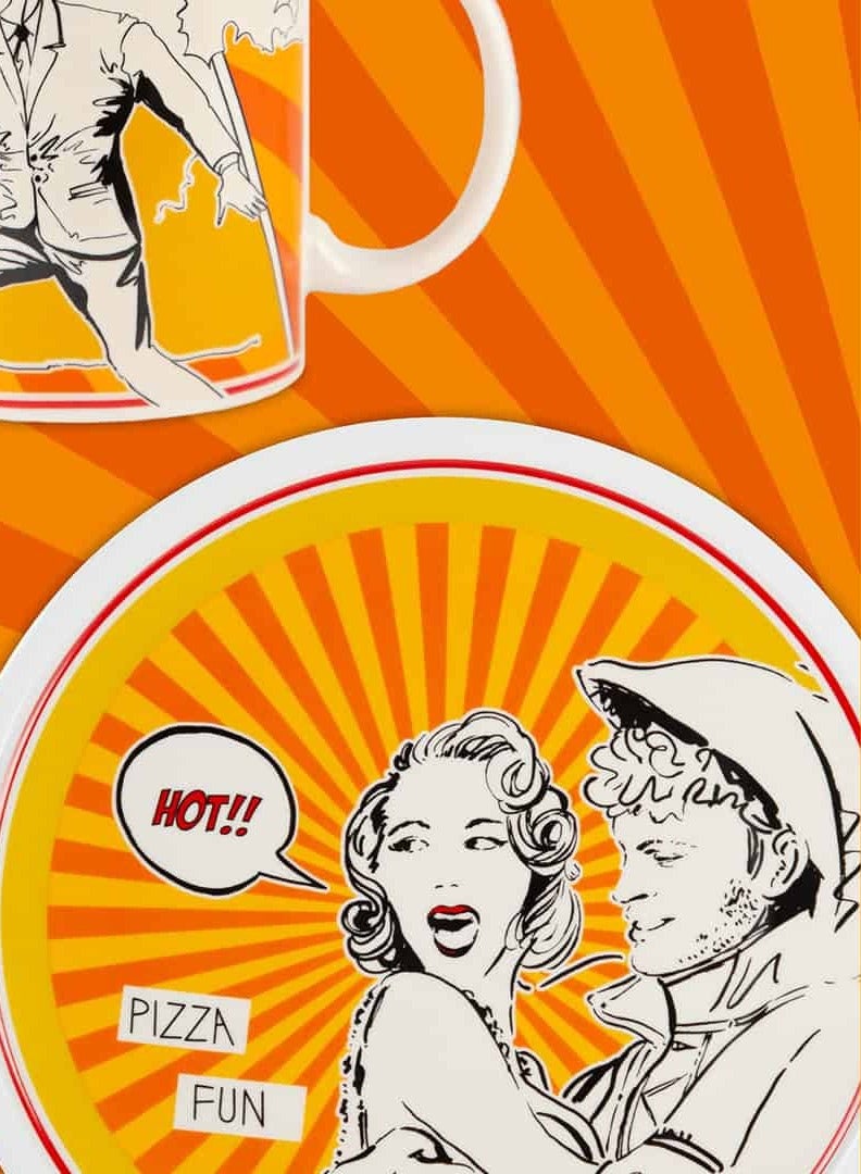 Baci milano Pizza Plate 33.5 cm – Porcelain – “Pizza Fun” Yellow Pop Art Design – Unique Comic Dinner Plate for Kitchen or Gift  - Image 2