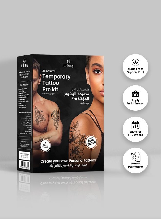 Le Inka Freehand Pro Kit Premium Temporary Tattoo Kit for Men & Women | Easy, Long Lasting & Waterproof | Semi- Permanent with Ultimate fruit-based Formula & 6 DIY Mini Stencils | Lasts up to 2 weeks