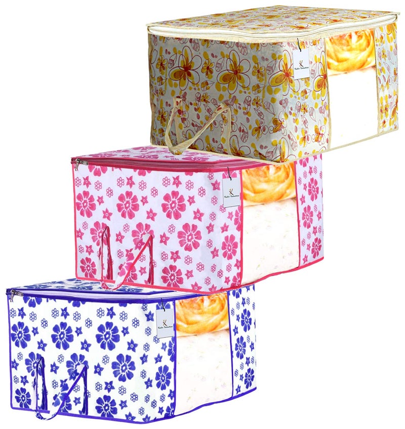 Kuber Industries Flower Printed 3 Piece Non Woven Fabric Underbed Storage BagCloth OrganiserBlanket Cover with Transparent Window Pink Blue Ivory Red CTKTC41081 - Image 1