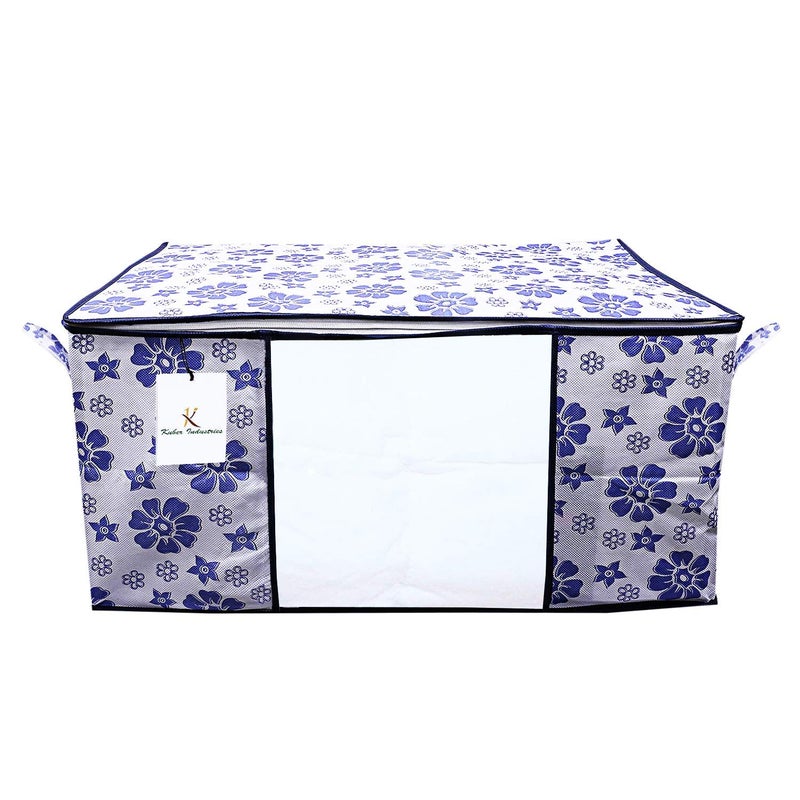 Kuber Industries Flower Printed 3 Piece Non Woven Fabric Underbed Storage BagCloth OrganiserBlanket Cover with Transparent Window Pink Blue Ivory Red CTKTC41081 - Image 3