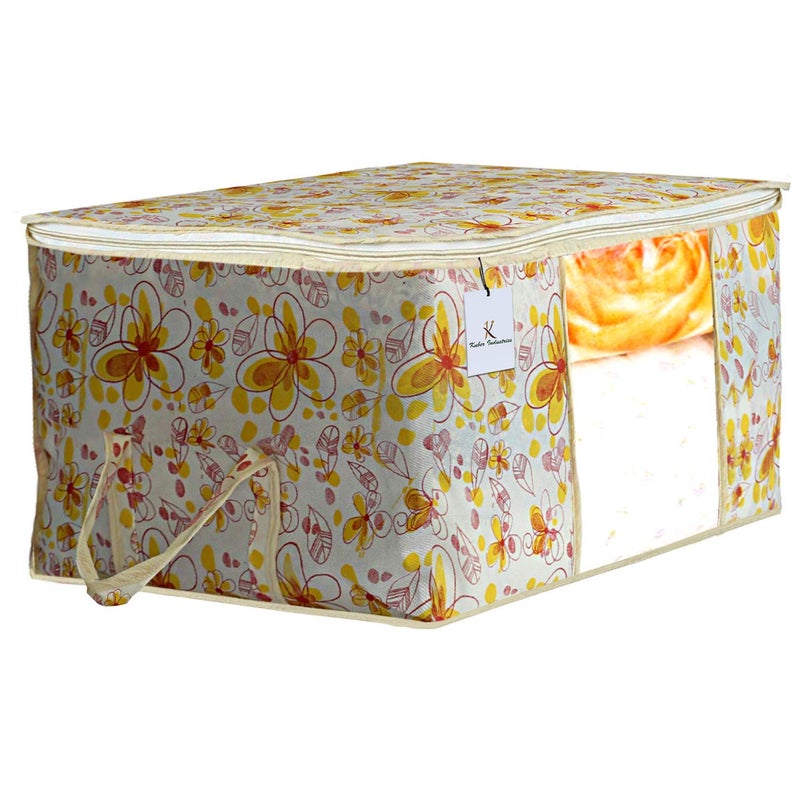 Kuber Industries Flower Printed 3 Piece Non Woven Fabric Underbed Storage BagCloth OrganiserBlanket Cover with Transparent Window Pink Blue Ivory Red CTKTC41081 - Image 5
