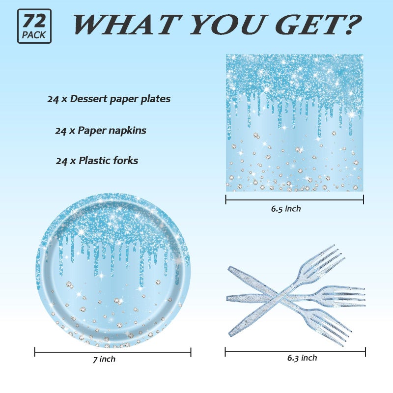 LYFREE 72 Pcs Blue Glitter Paper Plates 7in Disposable Paper Dessert Plates Napkins and Forks Party Tableware Set Decoration Supplies for Baby Shower, Christmas Blue Birthday Wedding Theme Party, Serve 24 - Image 2