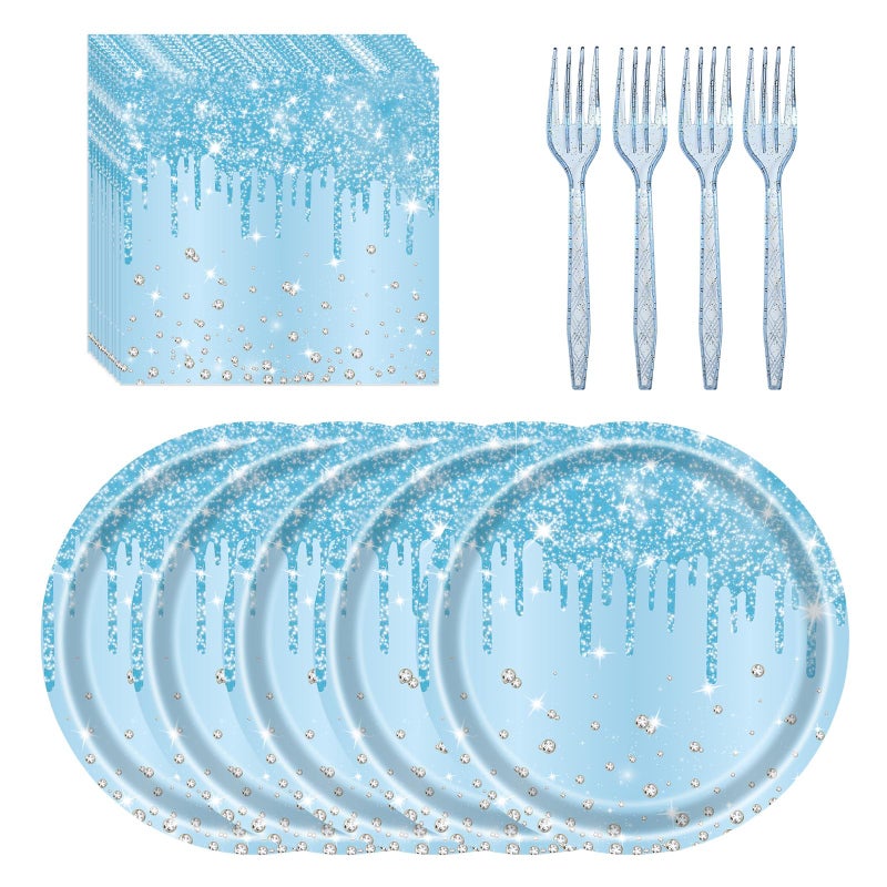 LYFREE 72 Pcs Blue Glitter Paper Plates 7in Disposable Paper Dessert Plates Napkins and Forks Party Tableware Set Decoration Supplies for Baby Shower, Christmas Blue Birthday Wedding Theme Party, Serve 24 - Image 1