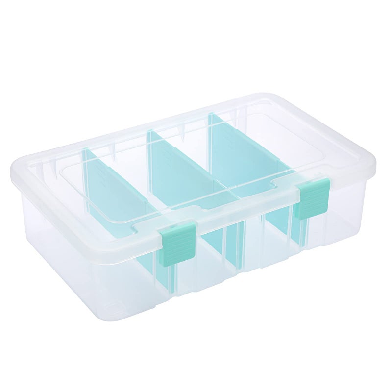 BTSKY Clear Plastic Dividing Storage Box with 4 Compartments Adjustable Storage Bin with Lid Plastic Craft Storage Container Multipurpose Sewing Box Art Supply Organizer, 13.3x8.1x3.4 Inches - Image 1