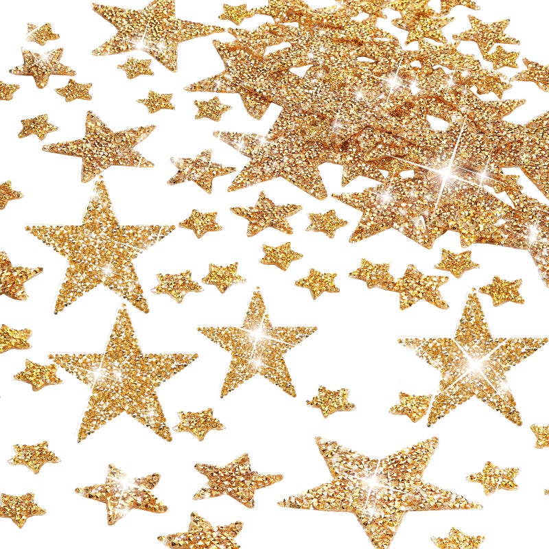 Geosar 120 Pcs 4 Sizes Iron on Star Patches Star Shaped Rhinestone Appliques Adhesive Glitter Appliques Embellishments for DIY Crafts Clothes Graduation DecorGold