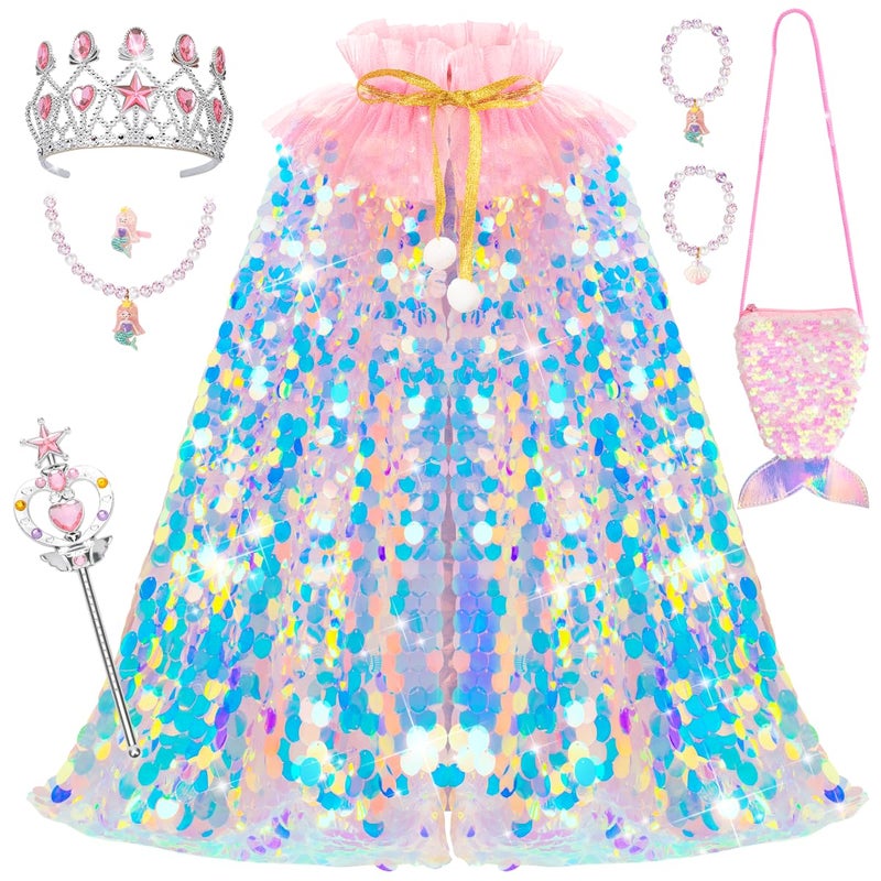 Meland Princess Dress Up for Girls 3-8, 11Pcs Mermaid Cape with Crown, Dress Up Clothes Birthday Gift Toys for Girls Toddlers - Image 1