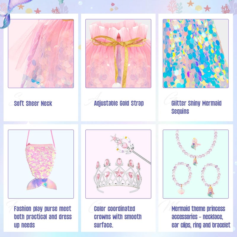 Meland Princess Dress Up for Girls 3-8, 11Pcs Mermaid Cape with Crown, Dress Up Clothes Birthday Gift Toys for Girls Toddlers - Image 2