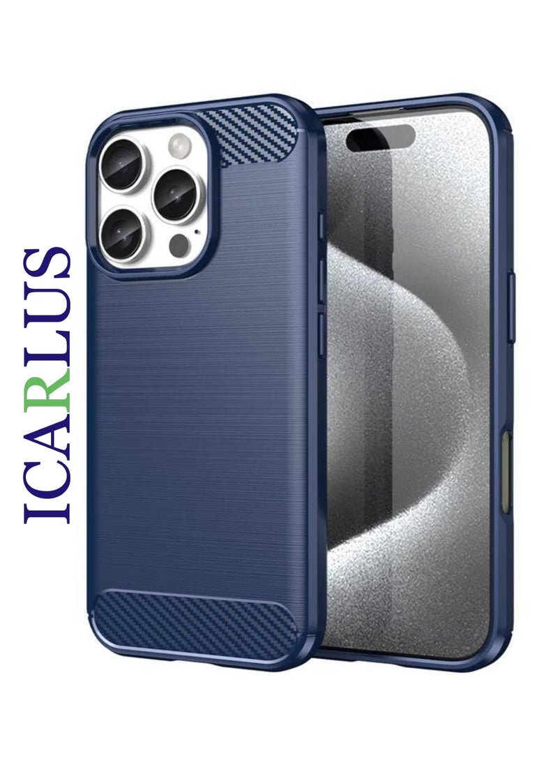 ICARLUS For iPhone 16 Pro Max TPU Case Brushed Carbon Fiber Texture Phone Cover - Blue  - Image 1