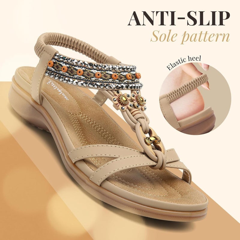 Littleplum Womens Sandals Arch Support Bohemian T-Strap Flower Rhinestone Sandals Women's Non Slip Summer Beach Flat Sandals Apricot Size 7 - Image 3