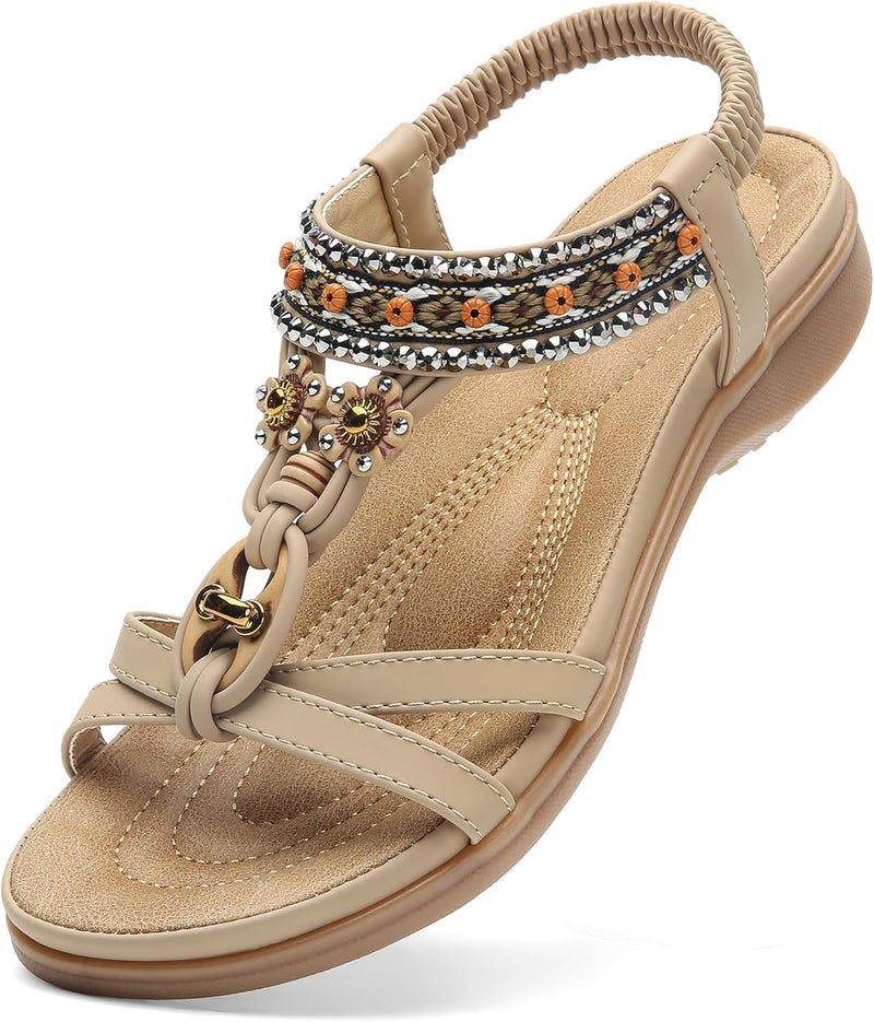 Littleplum Womens Sandals Arch Support Bohemian T-Strap Flower Rhinestone Sandals Women's Non Slip Summer Beach Flat Sandals Apricot Size 7 - Image 1