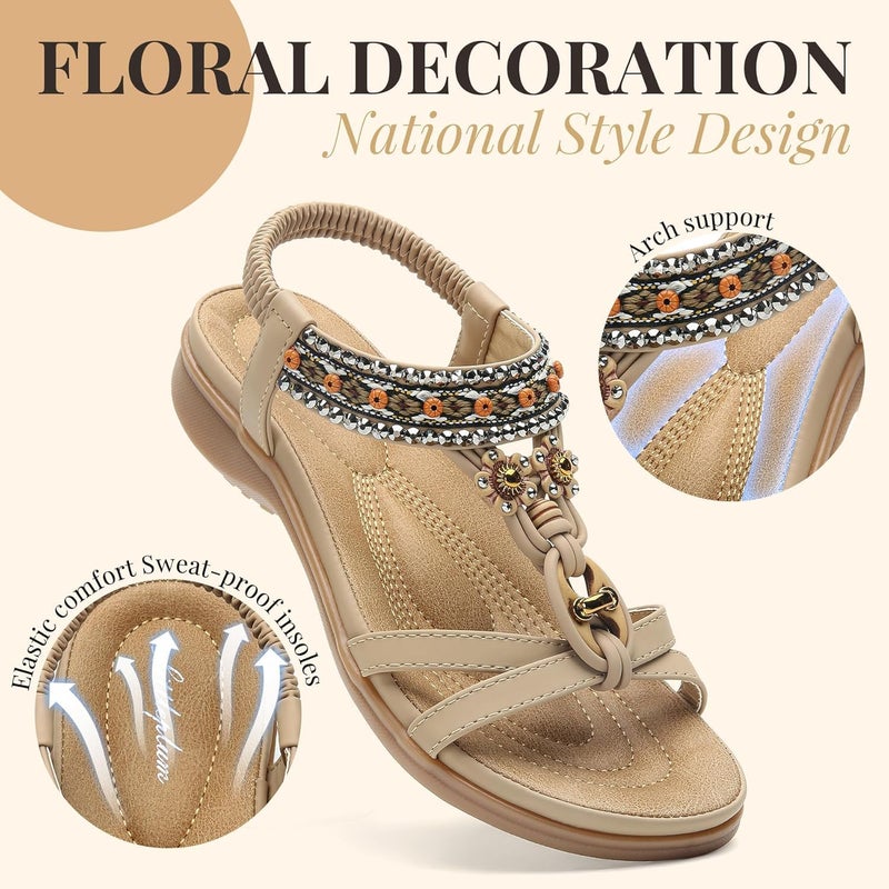 Littleplum Womens Sandals Arch Support Bohemian T-Strap Flower Rhinestone Sandals Women's Non Slip Summer Beach Flat Sandals Apricot Size 7 - Image 4
