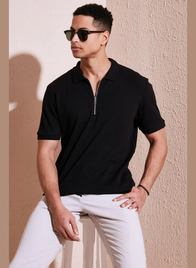 بوراتي تيشيرت بولو رجالي قطن بياقة بولو بسحاب من بوراتي