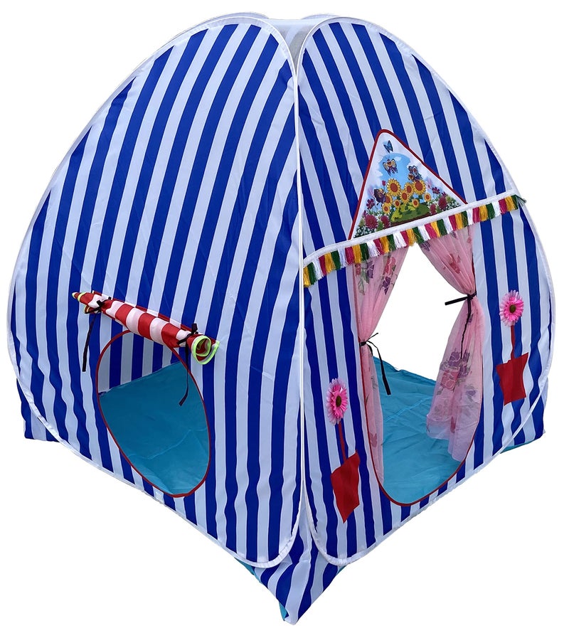 HOMECUTE Foldable Popup Big/Jumbo Size Play Tent House for Kids,Outdoor & Indoor Use, 3 Year to 12 Years 110 x 110 x 120 cm(Big Size Blue White) - Image 1