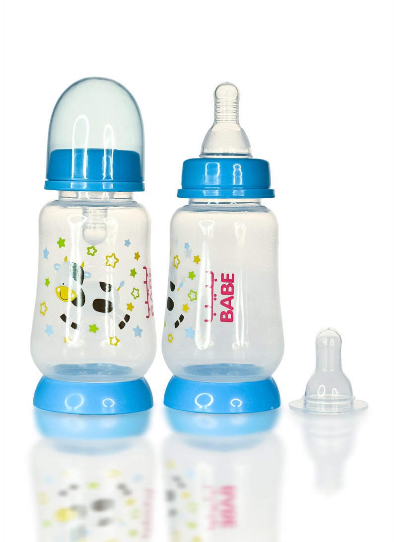 BABE - Baby Feeding Bottle, 4oz / 125ml, Medium Flow, 3+ Months, BPA Free, Blue, Made in Thailand, Pack of 2 - Image 1