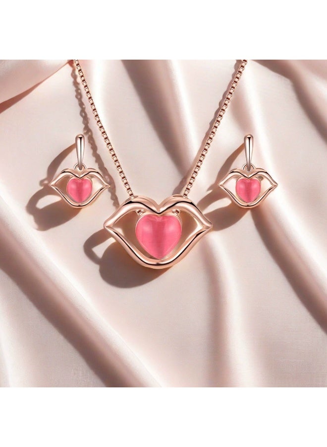 Women’s Geometric Crystal Jewelry Set – Teardrop & Heart Pendant Necklace & Earrings, Elegant Gift Set