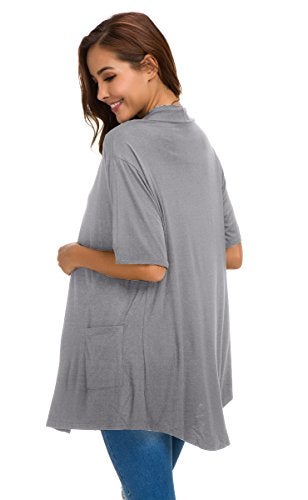 ADANIKI Womens Short Sleeve Open Front Lightweight Casual Comfy Long Line Drape Hem Soft Modal Cardigans Sweater with Two Pockets (Grey, S) - Image 2