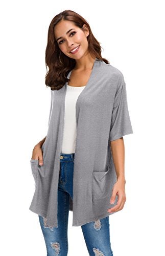 ADANIKI Womens Short Sleeve Open Front Lightweight Casual Comfy Long Line Drape Hem Soft Modal Cardigans Sweater with Two Pockets (Grey, S) - Image 5