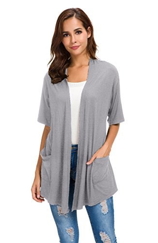 ADANIKI Womens Short Sleeve Open Front Lightweight Casual Comfy Long Line Drape Hem Soft Modal Cardigans Sweater with Two Pockets (Grey, S) - Image 1