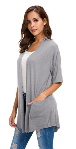 ADANIKI Womens Short Sleeve Open Front Lightweight Casual Comfy Long Line Drape Hem Soft Modal Cardigans Sweater with Two Pockets (Grey, S) - Image 4
