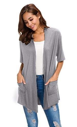 ADANIKI Womens Short Sleeve Open Front Lightweight Casual Comfy Long Line Drape Hem Soft Modal Cardigans Sweater with Two Pockets (Grey, S) - Image 3