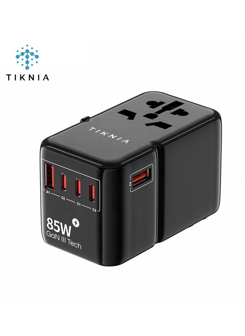 TIKNIA - Universal Travel Adapter, TIKNIA GaN III PD 85W Type-C Fast Charging Adaptor with 2USB-A & 3USB-C, Worldwide All in One Outlet Wall Charger for Phone, Tablet, Laptop, Plug Type A/C/G/I (US/EU/UK/AUS) - Image 1