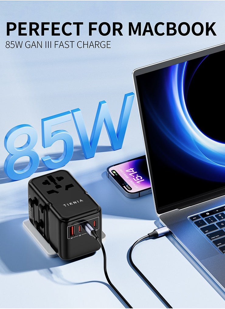 TIKNIA - Universal Travel Adapter, TIKNIA GaN III PD 85W Type-C Fast Charging Adaptor with 2USB-A & 3USB-C, Worldwide All in One Outlet Wall Charger for Phone, Tablet, Laptop, Plug Type A/C/G/I (US/EU/UK/AUS) - Image 1