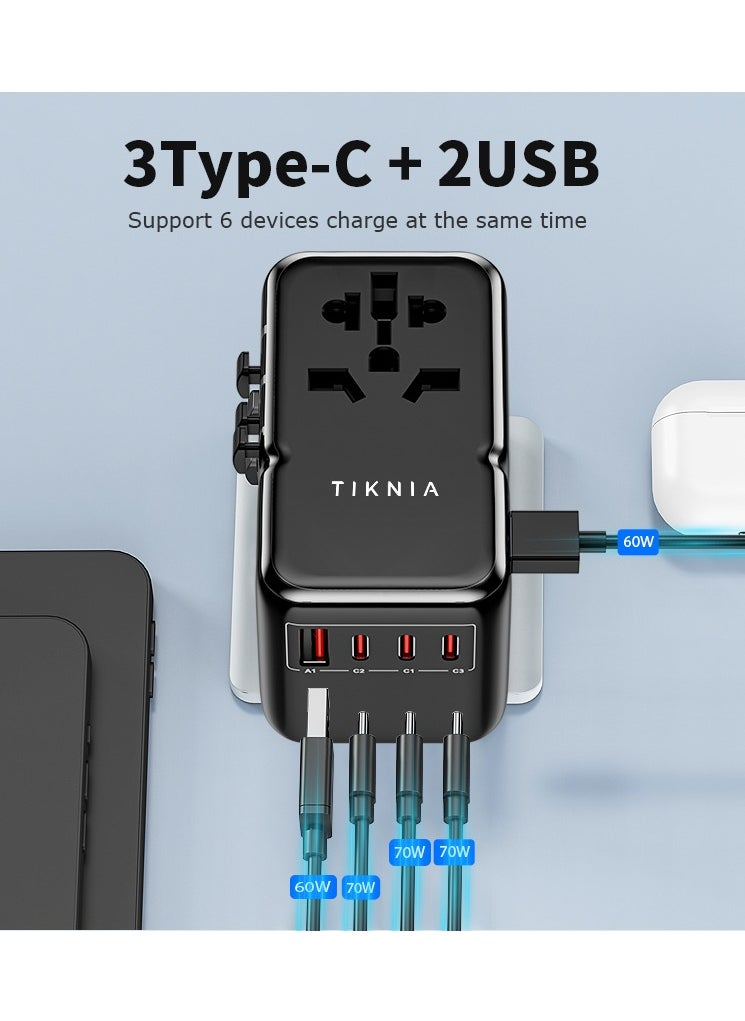 TIKNIA - Universal Travel Adapter, TIKNIA GaN III PD 85W Type-C Fast Charging Adaptor with 2USB-A & 3USB-C, Worldwide All in One Outlet Wall Charger for Phone, Tablet, Laptop, Plug Type A/C/G/I (US/EU/UK/AUS) - Image 1