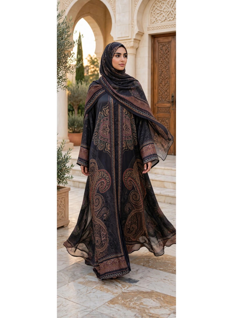 اكسا عباية مفتوحة بطبعات بيزلي وزخارف ميدالية فاخرة - Image 2