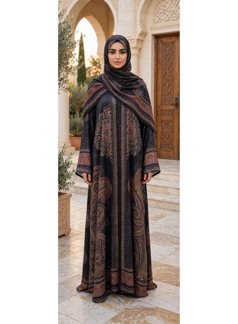اكسا عباية مفتوحة بطبعات بيزلي وزخارف ميدالية فاخرة - Image 1