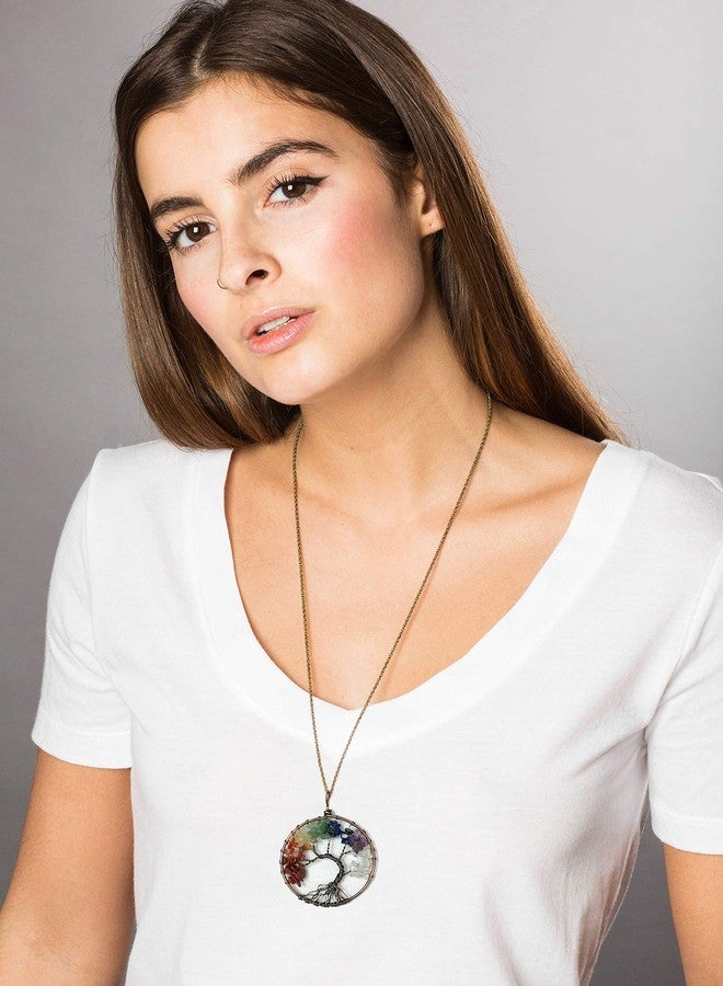 POTESSA 7 Chakra Tree of Life Necklace Wire Wrapped Quartz Crystal Pendant Leather Choker Necklace Tree Jewelry Gifts for Her - Image 3